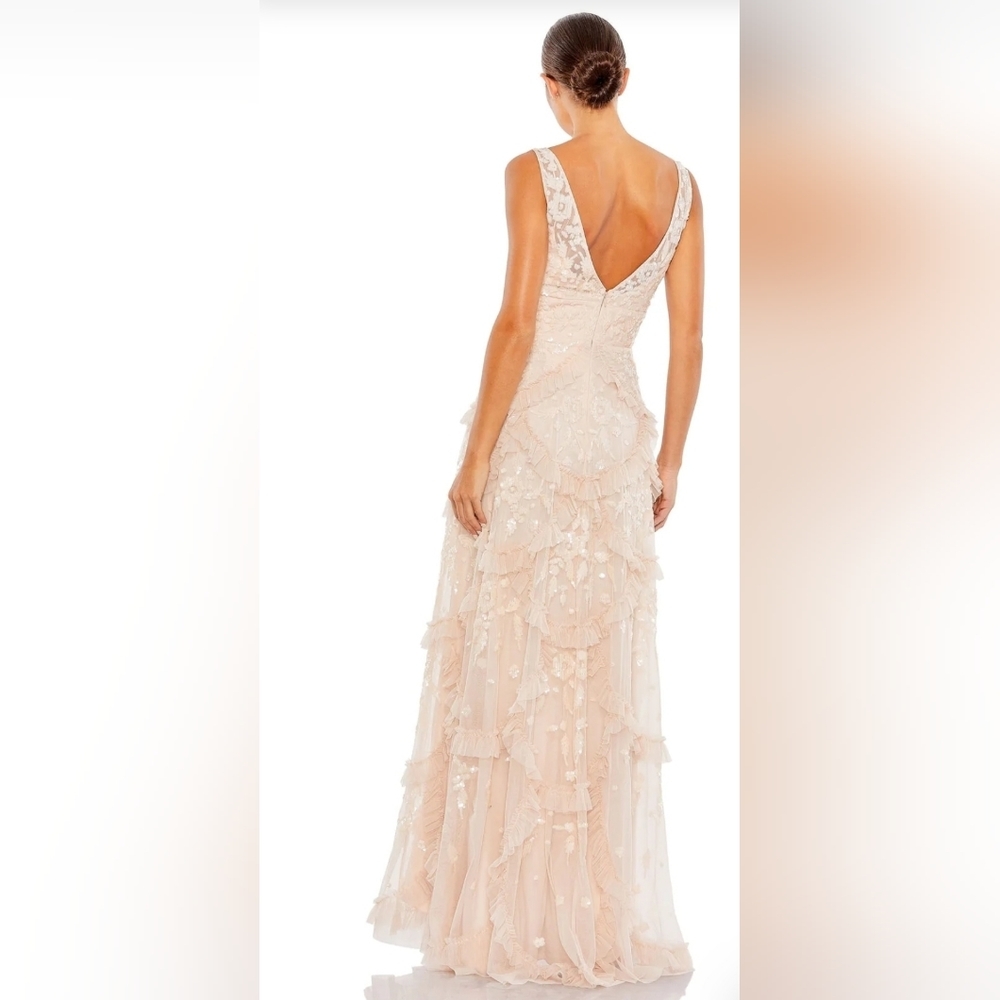 Sequined Scallop Ruffle Tiered V Neck Gown, Blush, Size‎ 16 - Picture 2 of 16